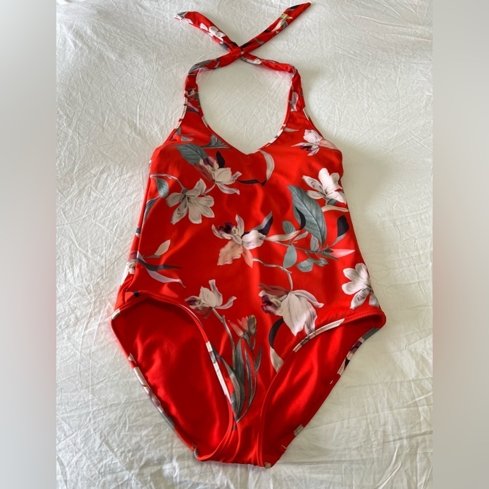 Athleta | SZ Small Waimea Plunge One Piece Swimsuit Floral Red Orange